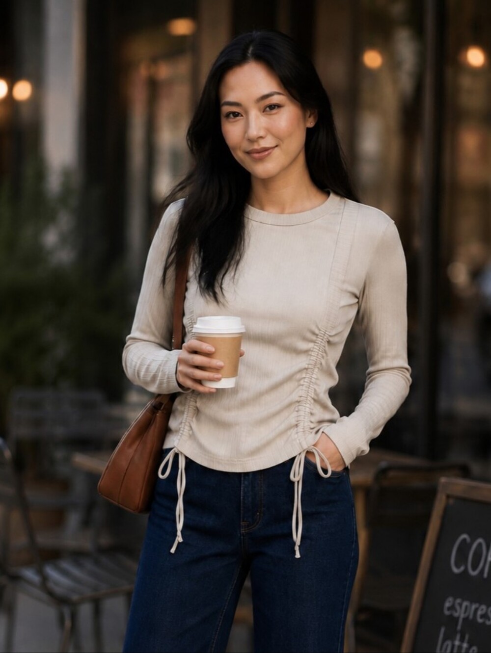 Listicle Ribbed Ruching Long Sleeve Cream Top. Size - L
